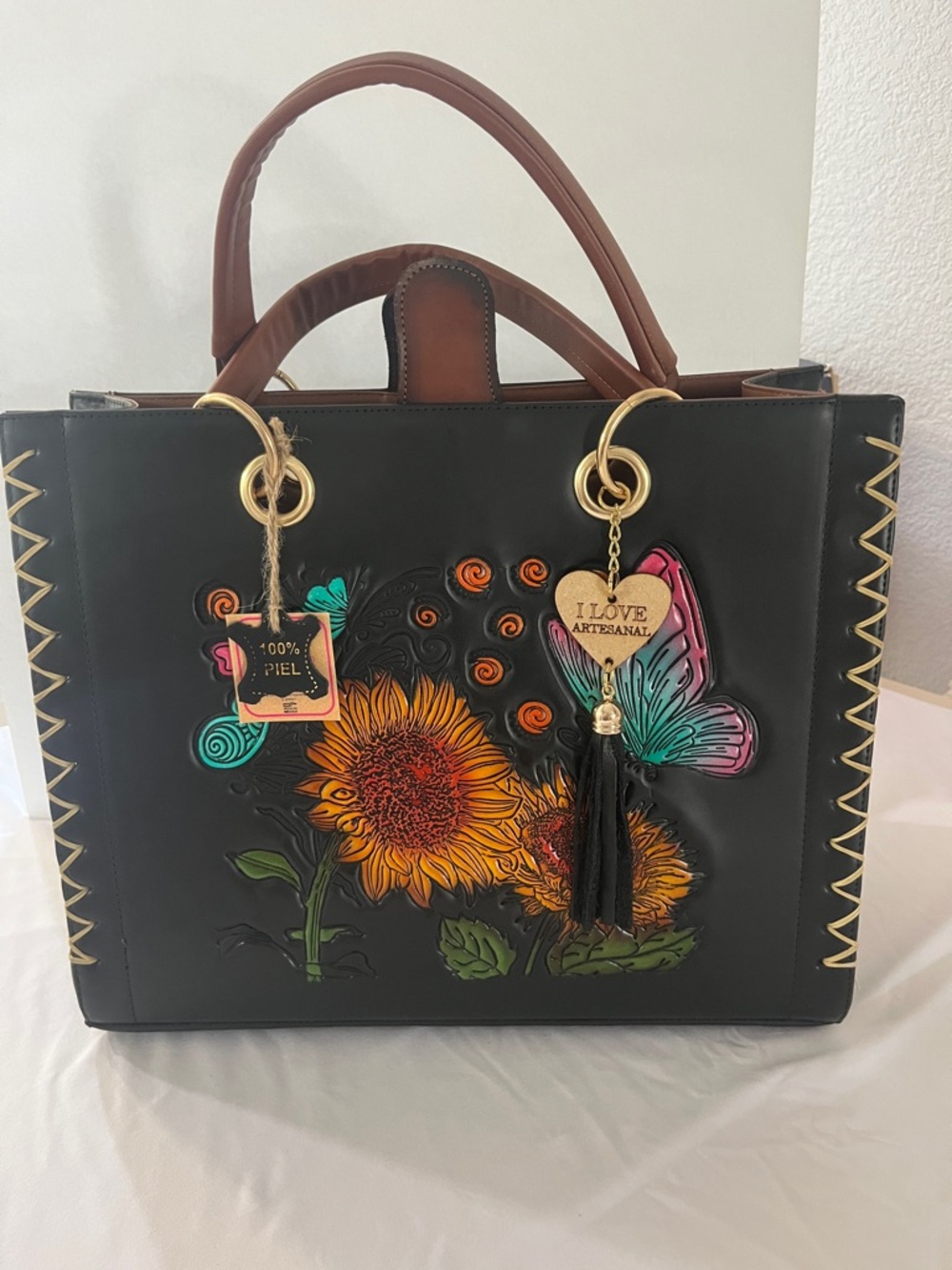 MEXICANA Black Leather Tote with Sunflower & Butterfly Motif